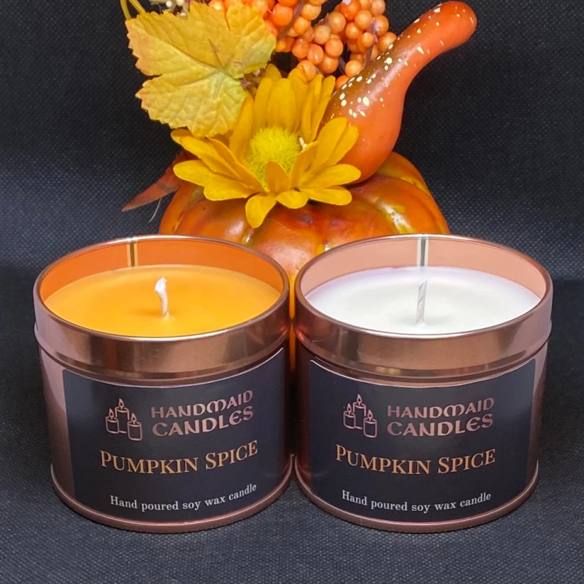 Pumpkin Spice Scented Candle. Handmade, Soy Wax Candle, Tin Container. Halloween Gift, Autumn Candle, Lockdown Birthday Gift for him and her