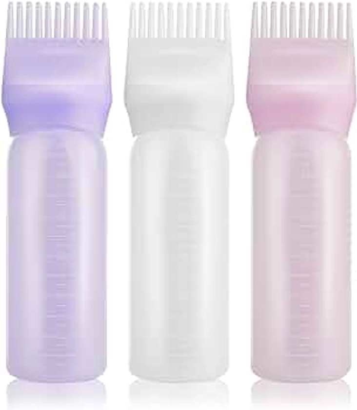 Gezimetie – Lot de 3 flacons applicateurs de coloration pour cheveux avec peigne à racines et échelle graduée, 170 g (rose/blanc/violet)