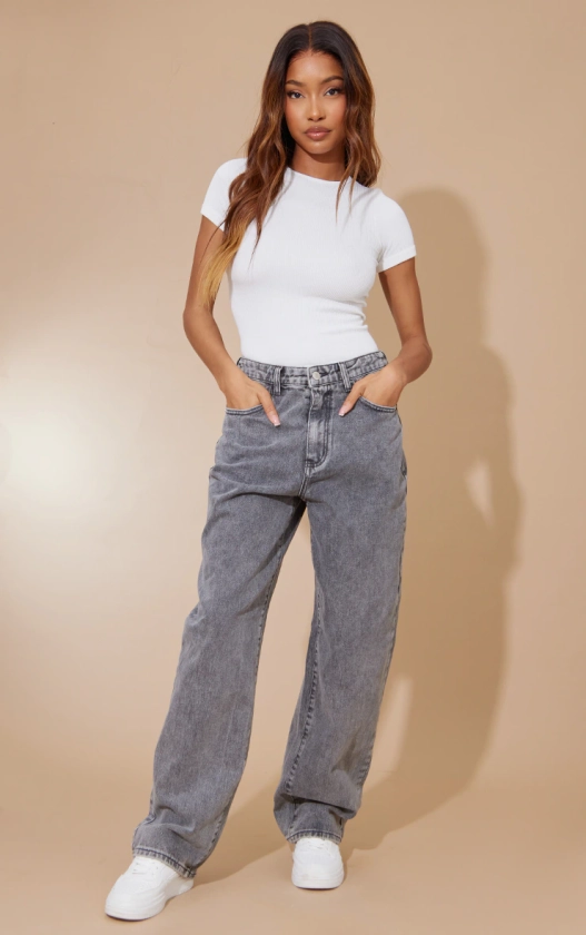 Washed Grey Dipped Back Waistband Boyfriend Jeans