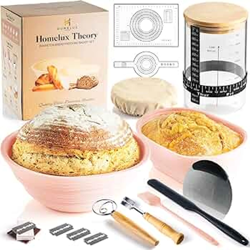 Sourdough Bread Baking Supplies (14PCS), 10" Oval and 9" Round Banneton Bread Proofing Baskets, Sourdough Starter Jar, Bread Sling/Pastry Mat, Danish Dough Whisk, Bread Lame, Dough Scraper (Pink)