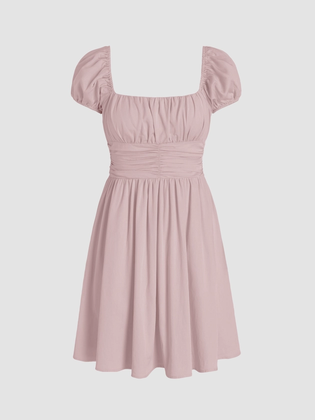 Linen-Blend Ruched Ruffle Square Neck Mini Dress