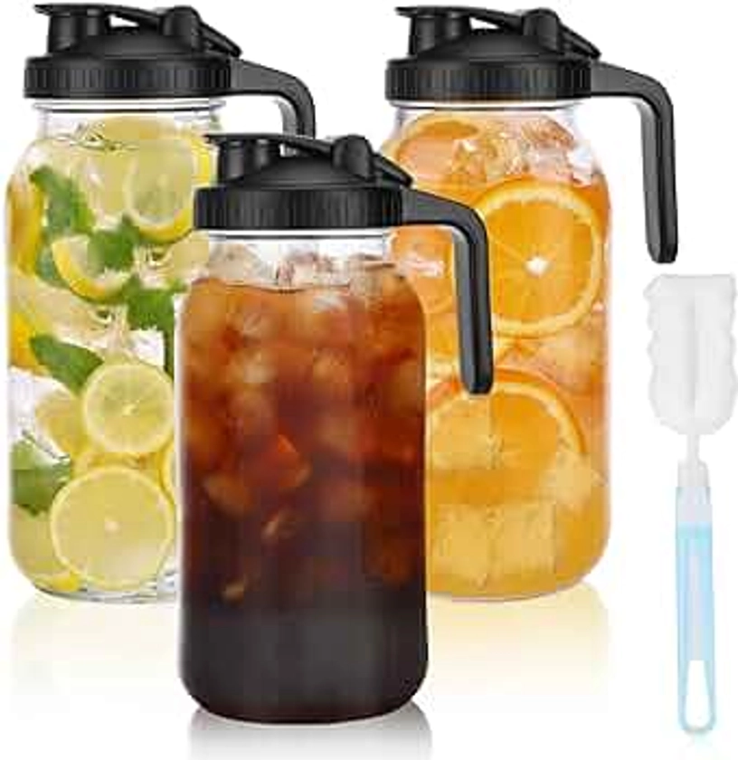 CUCUMI 3pcs 64oz Wide Mouth Glass Mason Jar Pitcher, 2 Quart Heavy Duty Glass Pitcher with Lid and Spout for Cold Brewed Tea, Juice, Coffee, Milk