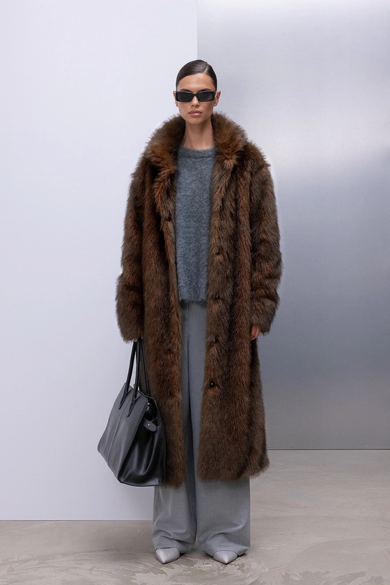 Long Faux Fur Coat Brown