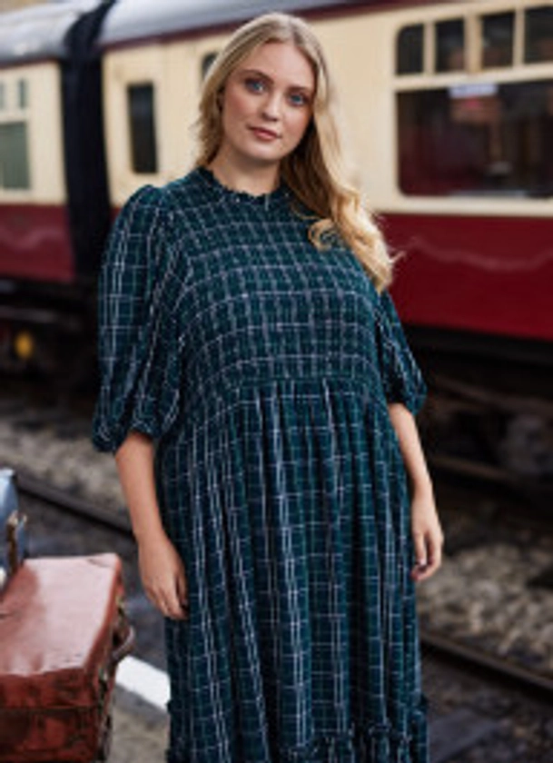 Priya Green Check Print Puff Sleeve Midi Dress