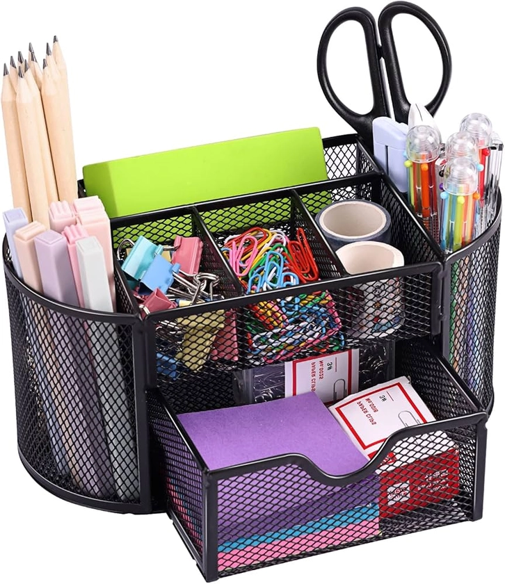 Amazon.com: EOOUT Desk Organizer, Pencil Holder for Desk, Mesh Office Desk Accessories with 8 Compartments and 1 Drawer Stationery Holder School Supplies : Office Products