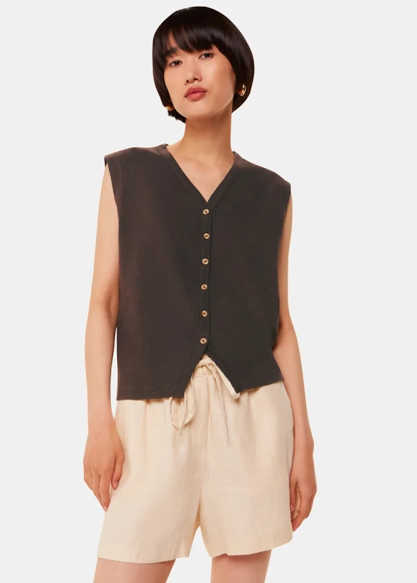 Chocolate Linen Button Front Tank | WHISTLES | Whistles UK | 