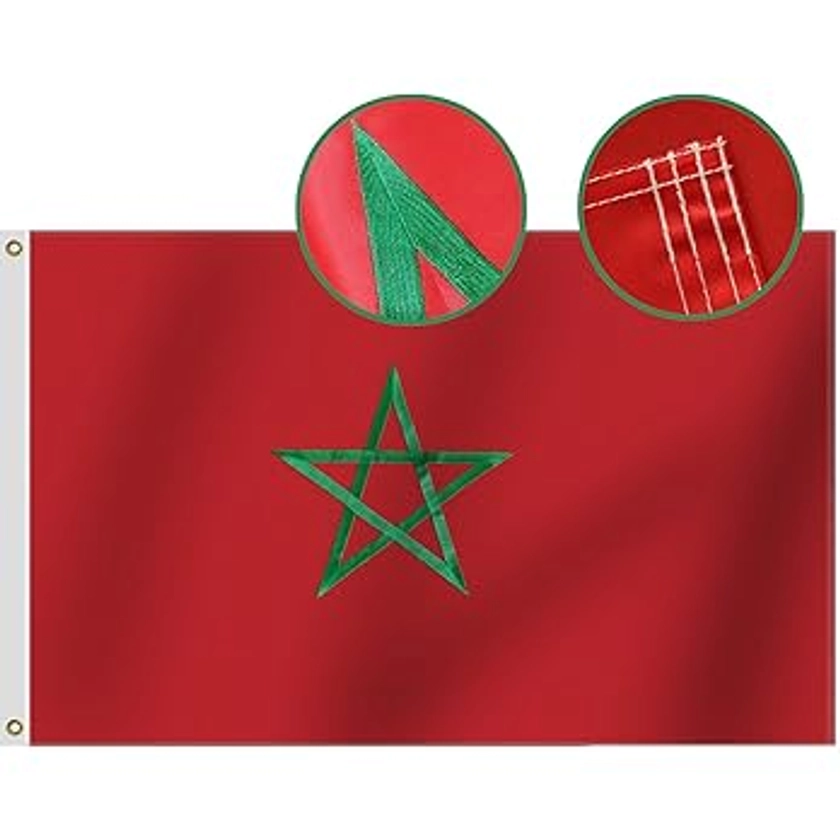 Heavy Duty Morocco Flag 3x5 Ft-Longest Lasting Oxford Nylon 210D | Embroidered five-pointed linear star | Four Rows Stitching Fly Ends| Moroccan Flags Decoration Gift Yard House Banner