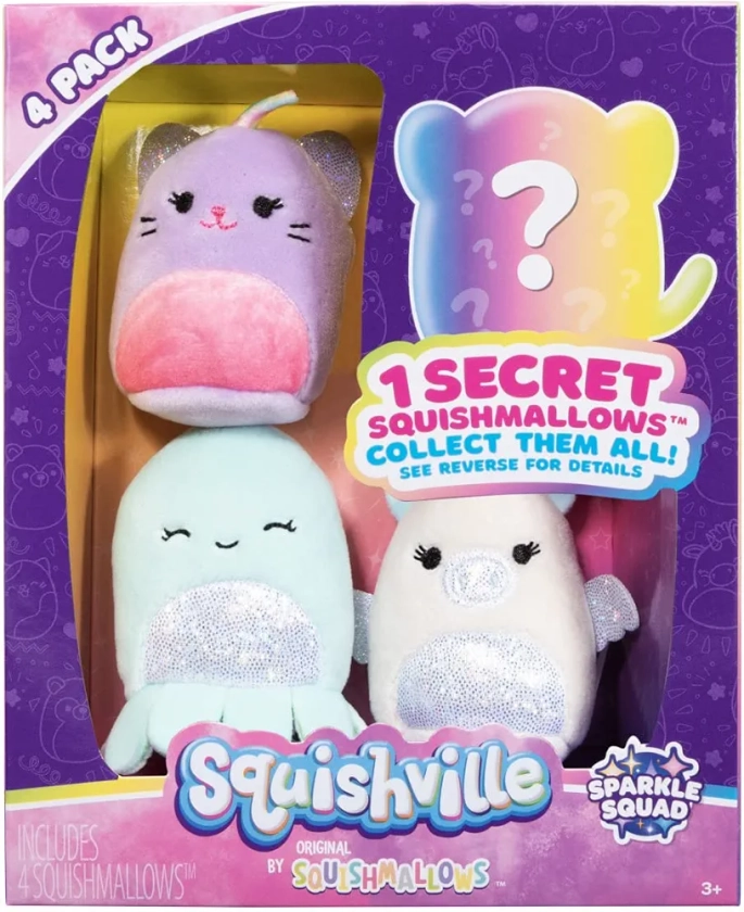 Squishville by Original Squishmallows Sparkle Squad Plush - Four 2-Inch Squishmallows Plush Including Mina, Darby, and Nara - Toys for Kids