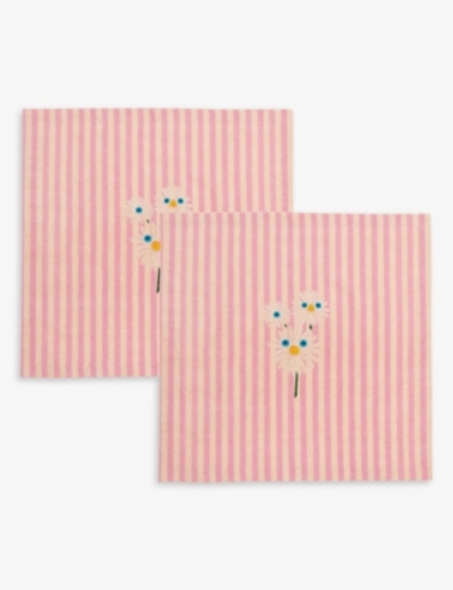 Trippy flower-embroidered stripe organic-cotton napkin set of two