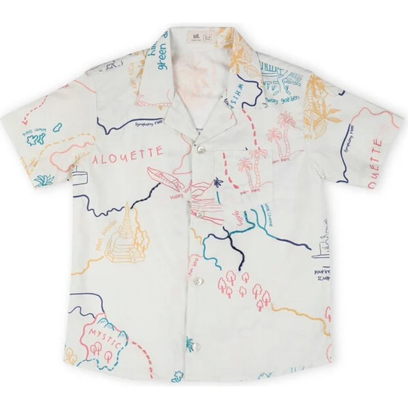 Voyager Trails Printed Cotton Shirt with Cuban Collar and Embroidery, Off-White - Miko Lolo Tops | Maisonette