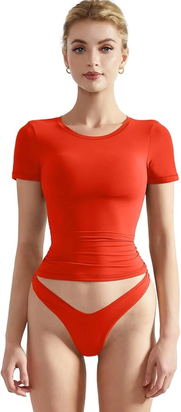 SUUKSESS Women Double Lined Fitted Basic Tee Shirts Crew Neck Short Sleeve Y2K Going Out Crop Tops (Dream Red, L) at Amazon Women’s Clothing store