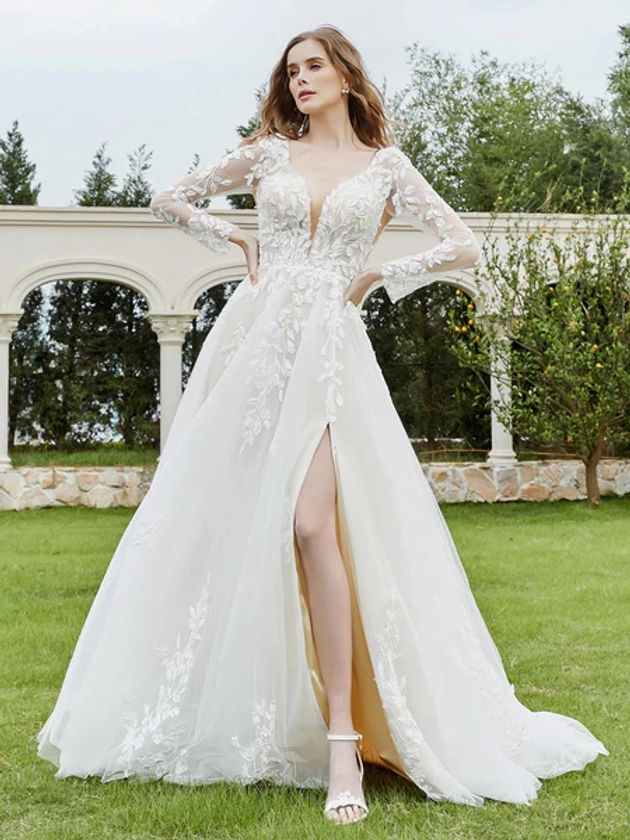 Robe de Mariée à Col en V Plongeant avec Corsage en Dentelle et Fente Champagne