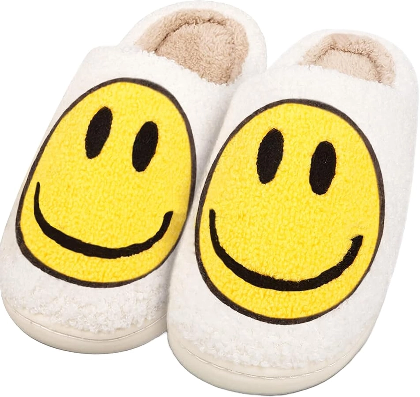 Amazon.com | Smile Face Slippers for Women and Men, Retro Comfy Warm Soft Fuzzy Plush Slip-On House Shoes Funny Cute Happy Smile Home Winter Warmies Pillow Cloud Memory Foam Fluffy Slipper for Indoor & Outdoor(White-Yellow) | Shoes