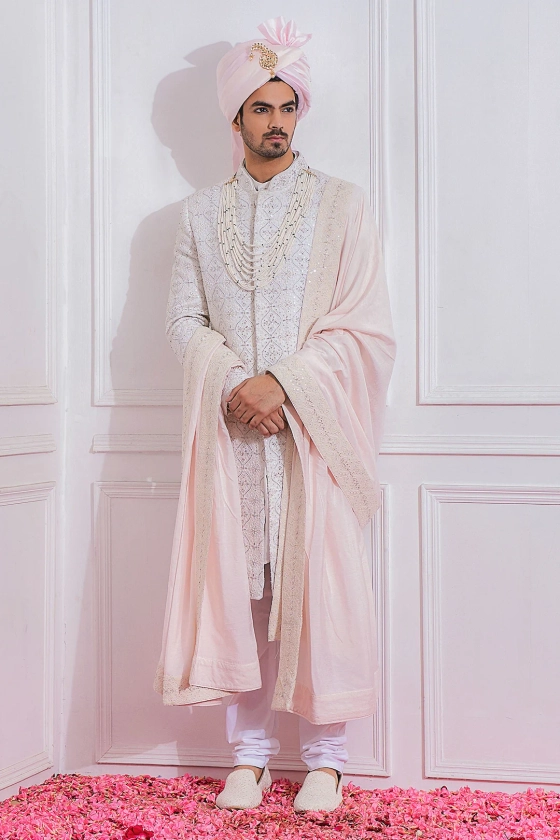 Buy White Pure Georgette Embroidered Sequin Sherwani Set For Men by Ankit V Kapoor Online at Aza Fashions.