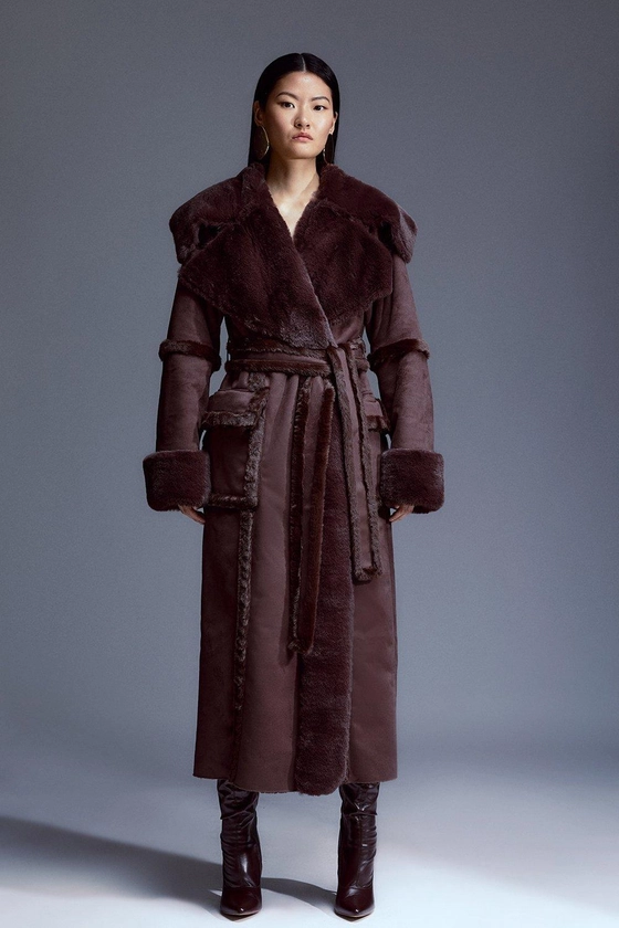 Petite Faux Shearling Collar & Cuff Tie Belt Maxi Coat | Karen Millen