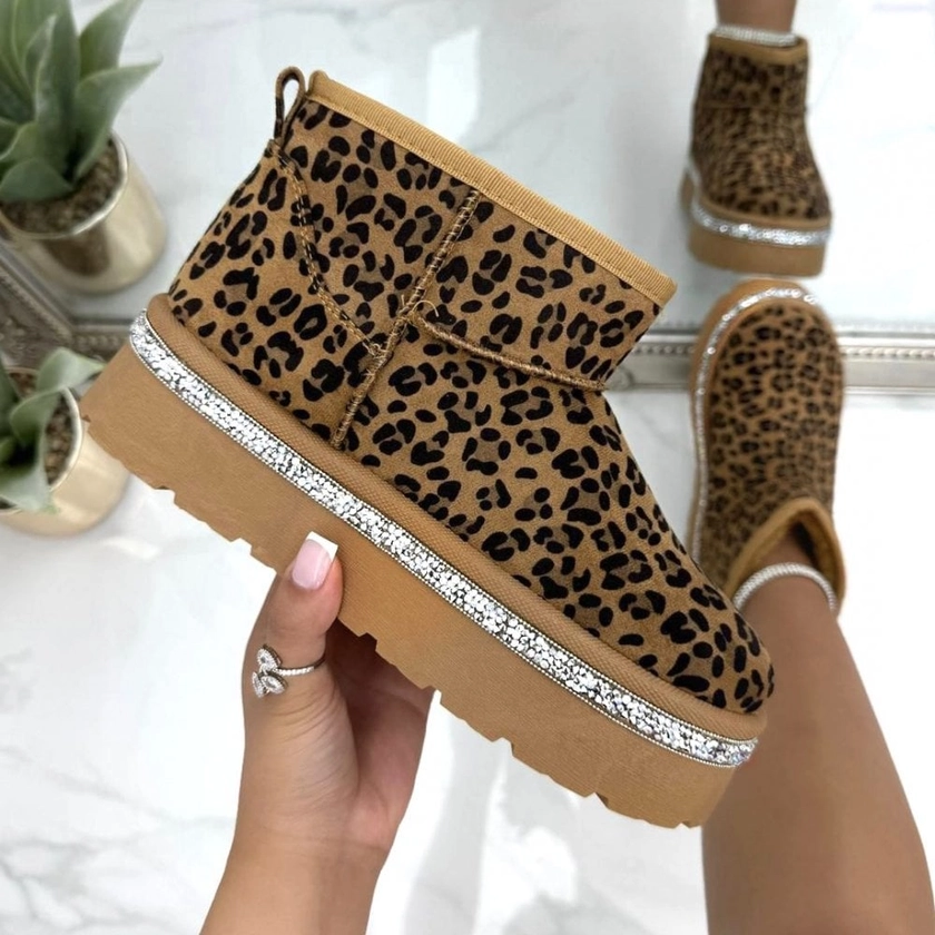 Lemonade Crystal Trim Leopard Mini Snugg Platform Boots