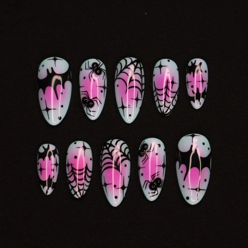 Cute Halloween Nail Design with Spider Web and Bat Medium Almond Press On Nails, Unique Fake Nails Art for Spooky Season