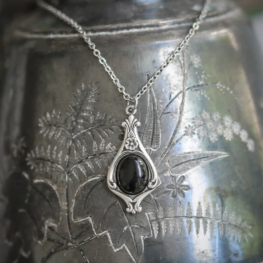 Black Onyx Stone Victorian Pendant Necklace - Choose from Semi-Precious Stones and Shells in Antiqued Silver or Brass