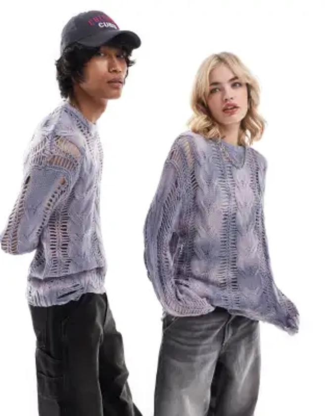 COLLUSION Unisex oversized bleached cable knit jumper in blue | ASOS