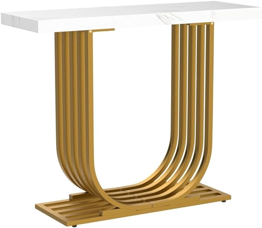 Tribesigns Console Table with Gold Base, 39.4 Inch Faux Marble Entryway Foyer Table, Narrow Modern Hallway Table with Geometric Metal Legs for Living Room, Hallway, Entrance, White & Gold