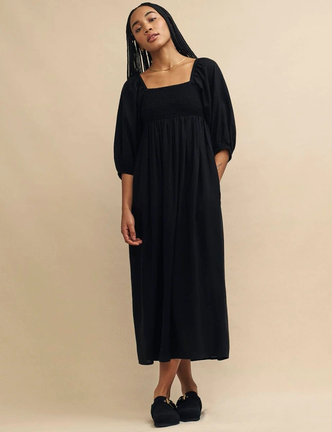 Black Linen-Blend Smock Kylie Midaxi Dress
