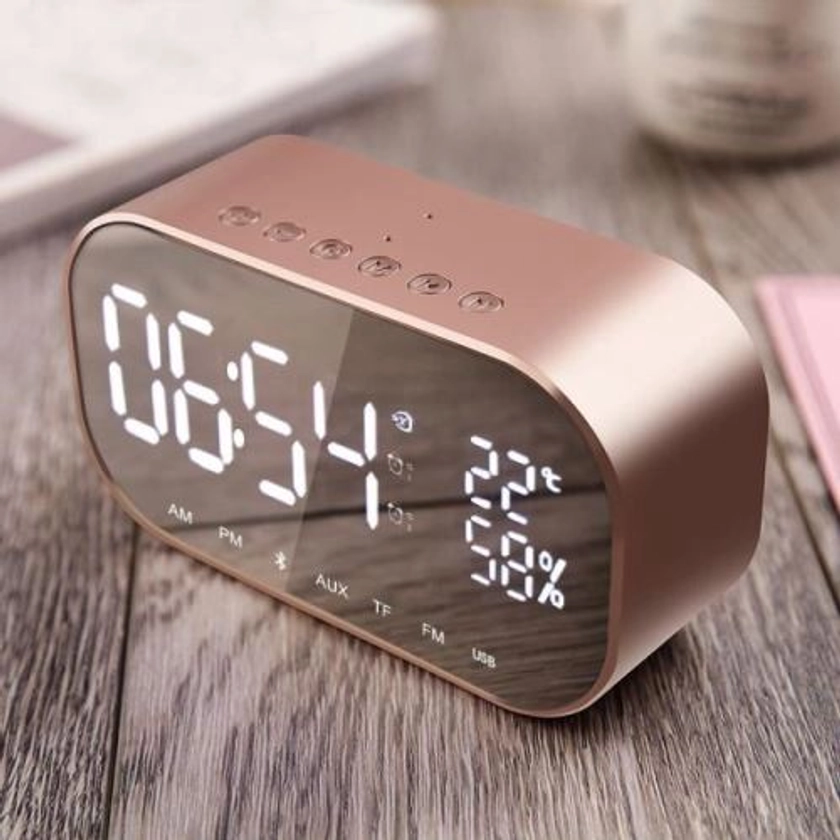 S2 Bluetooth 4.2 Haut-parleur Stéréo Radio FM Appel Mains Libres Bureau Réveil Affichage à LED Miroir [Rose Doré]