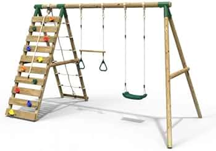 Rebo® Wooden Swing Set with Up and Over Climbing Wall - Savannah Green | OutdoorToys | Pressure Treated Timber, Trapeze Bar, Cargo Net, Climbing Rocks