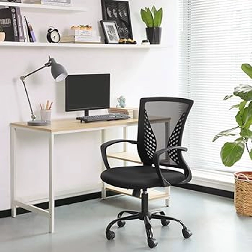 Songmics Fauteuil, Chaise ergonomique, pivotant, réglable en hauteur, mécanisme d’inclinaison, siège et dossier en toile respirante, bureau, charge 120 kg, Noir OBN22BK, Plastique, 49 51 (96-104) cm