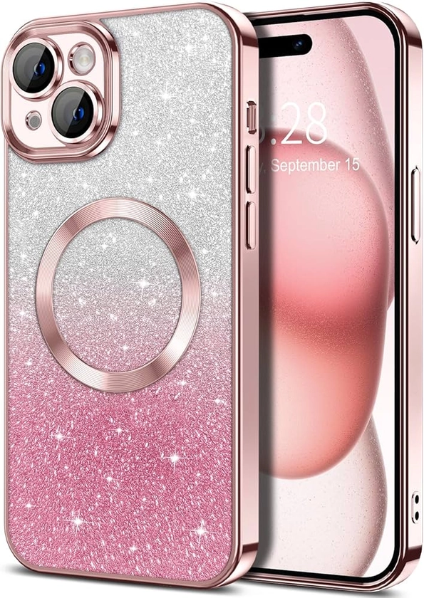 Amazon.com: Hython for iPhone 15 Plus Case Clear Magnetic Glitter Phone Cases [Compatible with MagSafe] Full Camera Lens Protector Slim Gradient Sparkle Luxury Plating Shockproof Protective Cover Women, Pink : Cell Phones & Accessories