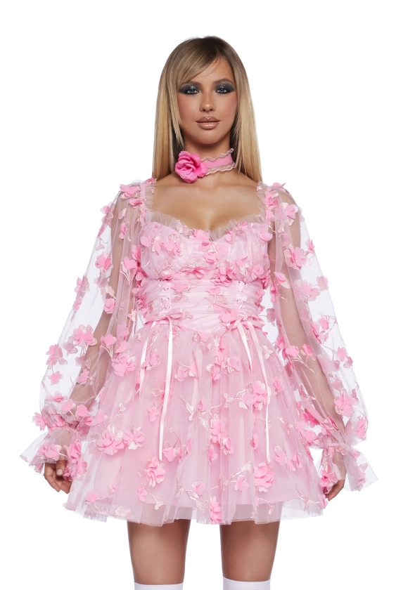 Sugar Thrillz 3D Floral Embroidered Tulle Mini Dress Girly - Pink