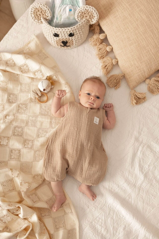 Light Muslin Summer Romper LinenLook - Cappuccino (0-12 months) | The Baby Den