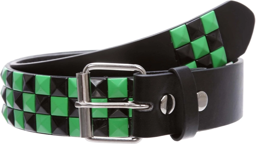 Snap On Punk Rock Black & Green Star Studded Checker Board Leather Belt