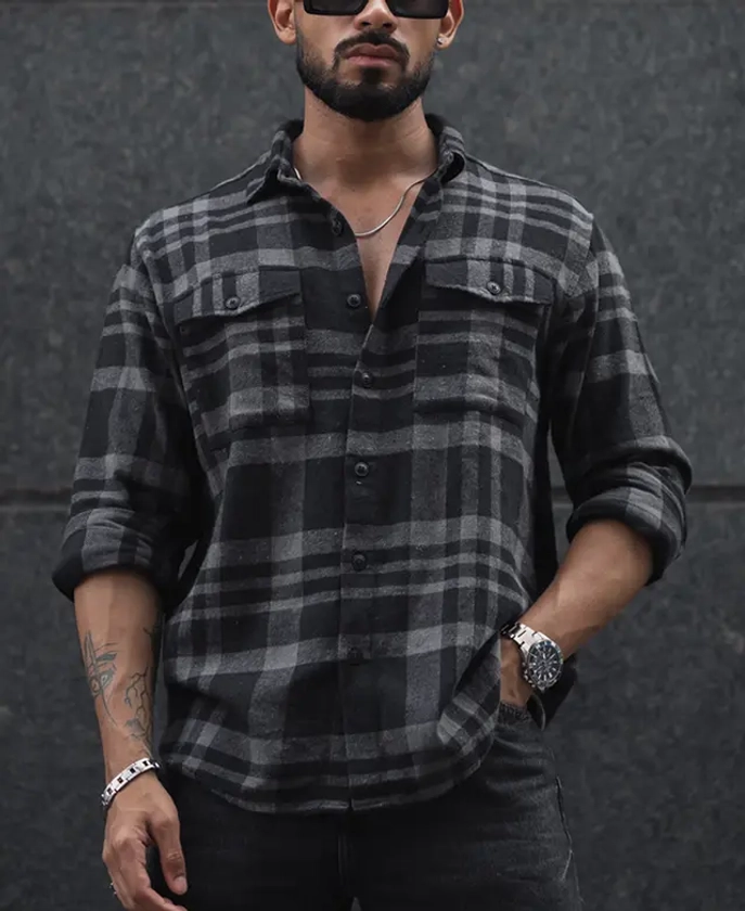 Black and Grey Checked Regular Fit Overshirt with Full Sleeves