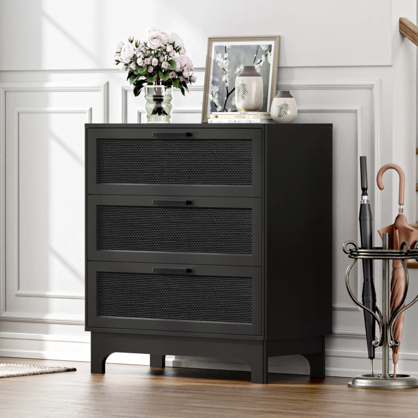 Eumyviv 3-Drawer Chest of Drawers, Freestanding Cabinet with Sliding Door, Rattan Dresser with for Bedroom Living Room, Black H0096