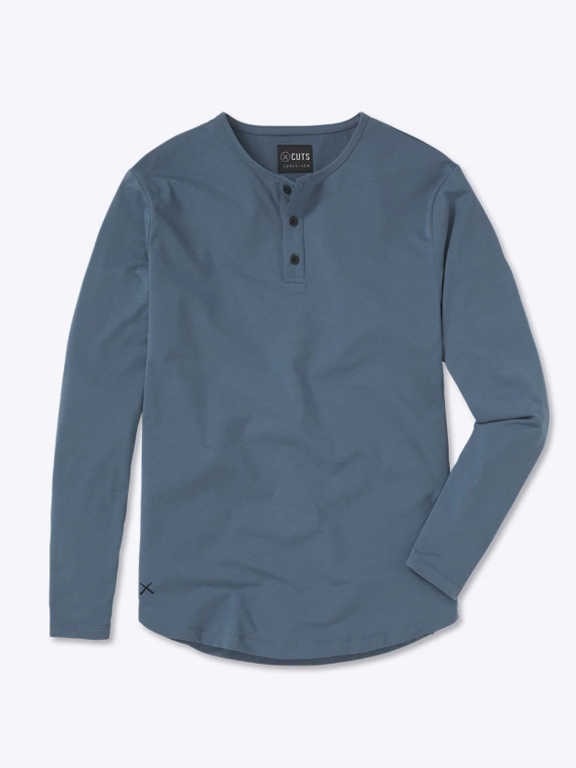 Blue Long Sleeve Henley T-Shirt Curve-Hem