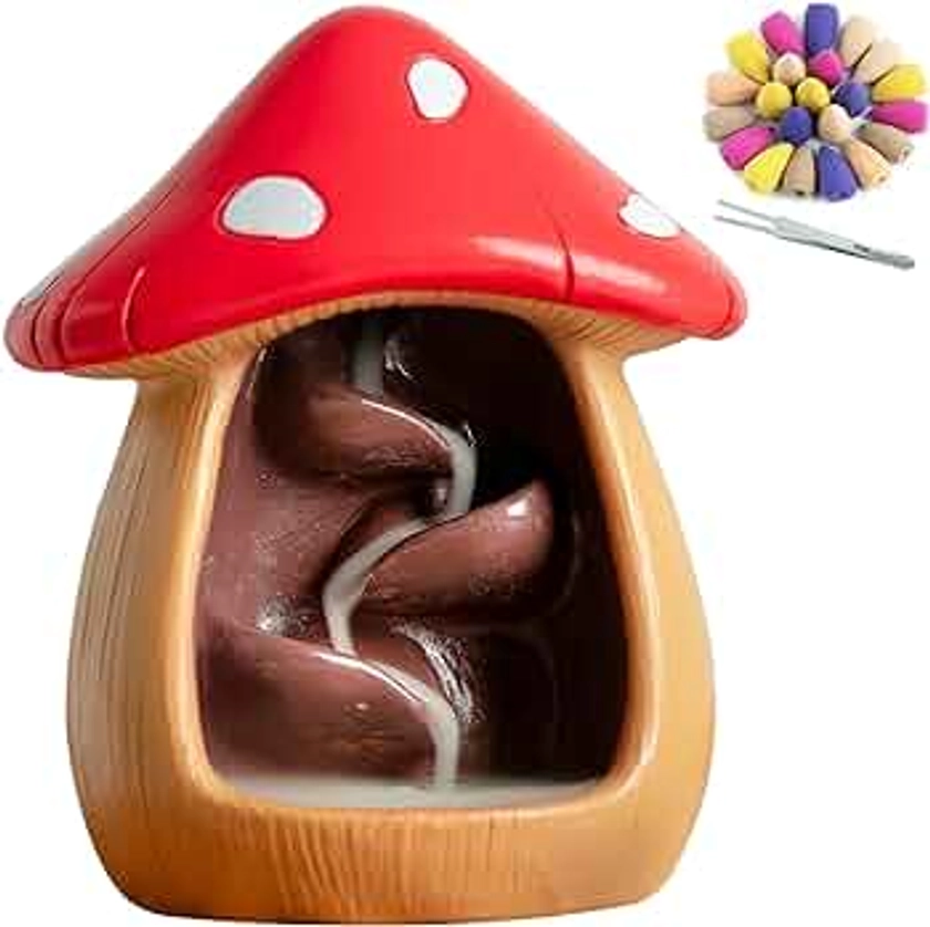 Cute Mushroom Incense Holder with 60 Incense Cones, Handmade Waterfall Backflow Incense Burner, Nature Theme Incense Burner, Adorable Home Decoration, Cottagecore Decor Accessories(Brown)