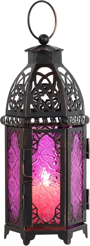 NEEDOMO Halloween Decorations, Hanging Moroccan Lantern, 11'' Vintage Candle Holder, Metal Lanterns Decorative Indoor Outdoor, Table, Patio, Porch, Shelf, Gothic Home Decor (Purple, Medium Size)