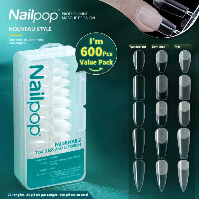 Nailpop-Faux ongles à couverture complète, capsules en acrylique, matériel professionnel, imbiber les doigts, embouts en gel, N64.Pro, 600 pièces