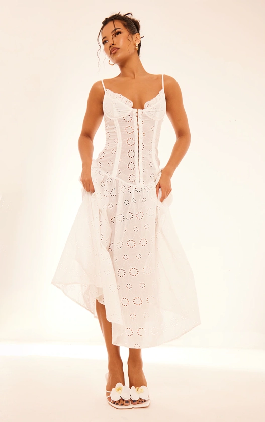 White Broderie Detail Boned Corset Maxi Dress