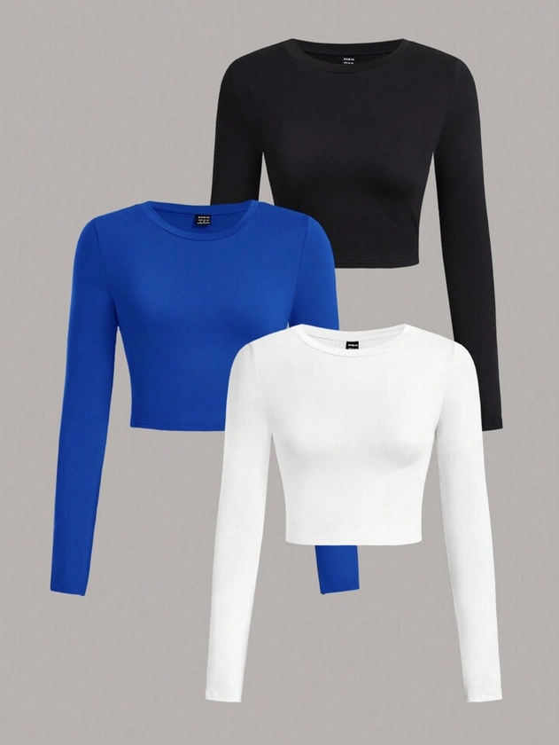 SHEIN EZwear 3pcs/Set Casual Round Neck Long Sleeve Slim Crop Top For Women's Summer Outfits
