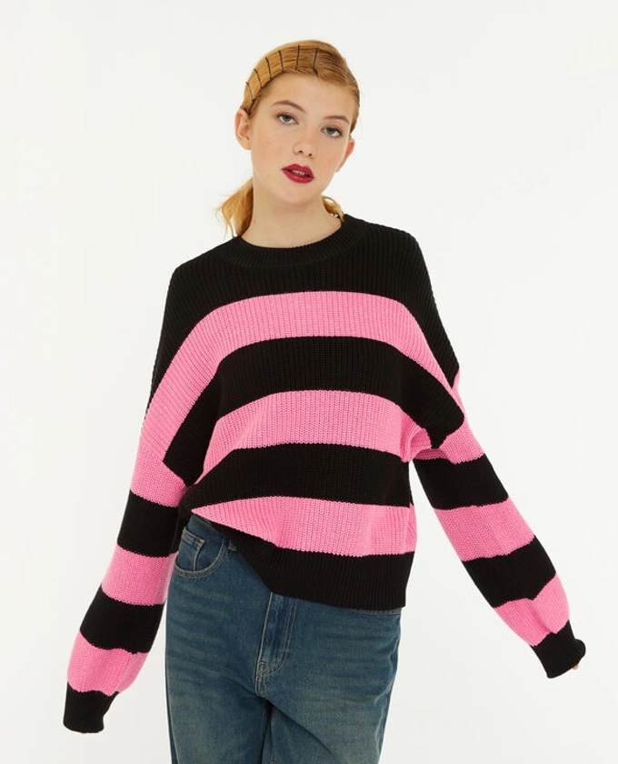 Pull col rond en maille rayée - Rose