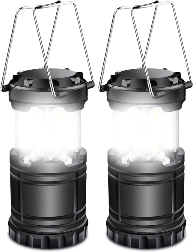 EXTRASTAR 2 Pack LED Battery Operated Lights, Portable Survival Battery Powered Lamp, Waterproof Camping Lantern, Suitable for Hurricane, Emergency, Storm, Outages, Outdoor Collapsible Lanterns, Black