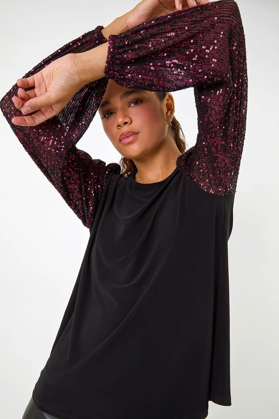 Magenta Sequin Sleeve Stretch Top | Roman UK