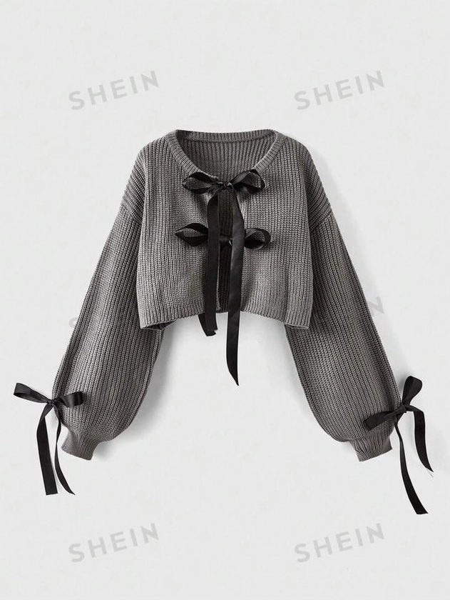 ROMWE Kawaii Kawaii Oversized Bow Decorated Lantern Sleeve Loose Plus Size Knitted Cardigan Coat | SHEIN UK