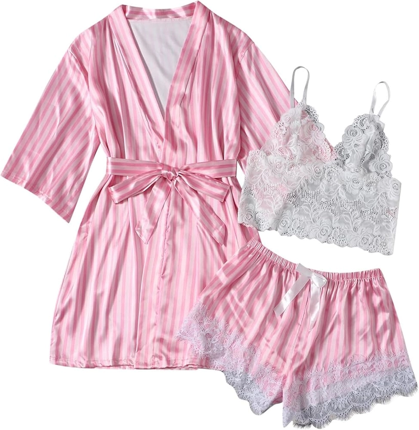 HGps8w Sleepwear for Women 3 Piece Stripe Satin Pajama Set Lingerie Lace Cami Pj Set Sexy V Neck Cami Top with Robe