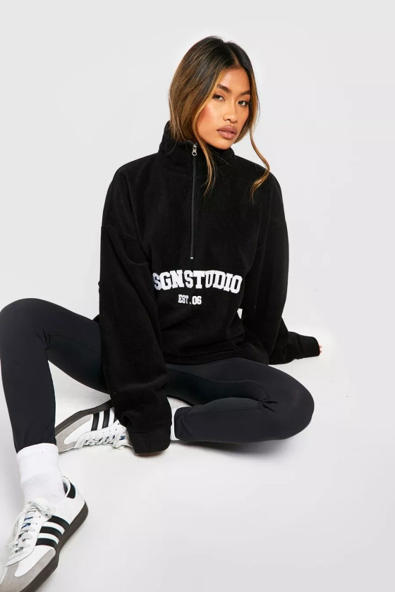 Dsgn Studio Slogan Embroidered Half Zip Oversized Polar Fleece Sweatshirt