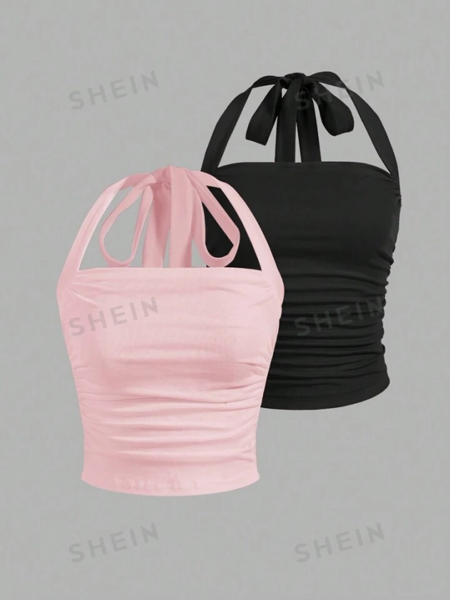 SHEIN EZwear Women Summer Solid Ruched Slim Fit Halter Tank Top Summer | SHEIN USA