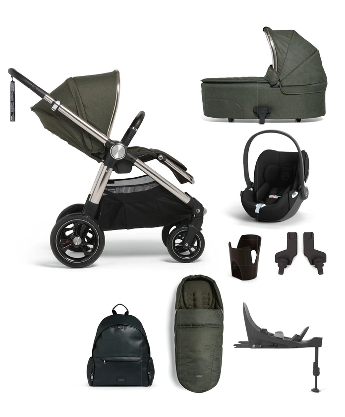 Ocarro Pushchair Essential Bundle with Carrycot & Cybex Cloud T i-Size Rotating Baby Car Seat & Base (8 Pieces) Hunter Green