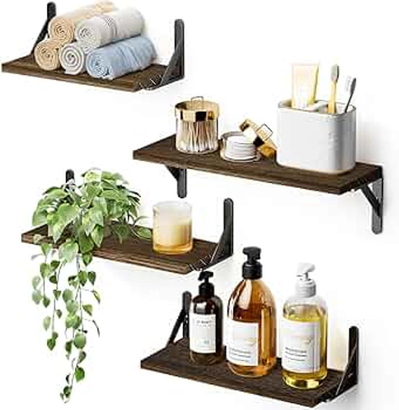 AMADA HOMEFURNISHING Floating Shelves Wall Mounted Set of 4, Wood Shelves for Wall Décor, Rustic Storage Shelf, Wall Shelves for Bedroom, Bathroom, Living Room, Kitchen, Office