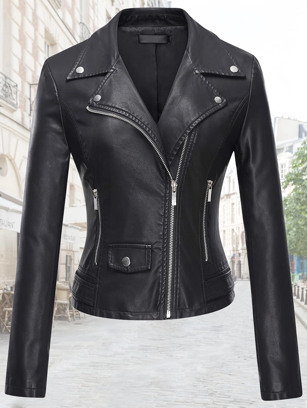 Women's Faux Leather Moto Biker Short Coat Jacket - Temu